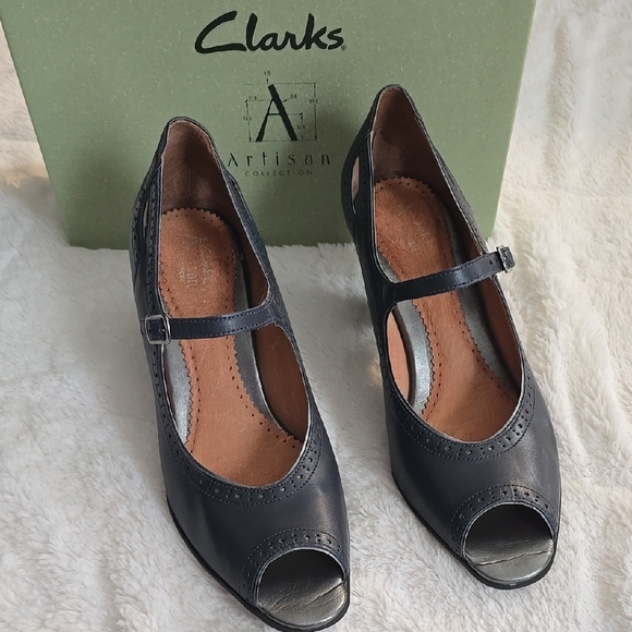 Clarks Shoes - Clarks NavyLeather Heeled Peep-Toe Shoes with Adjustable Strap
